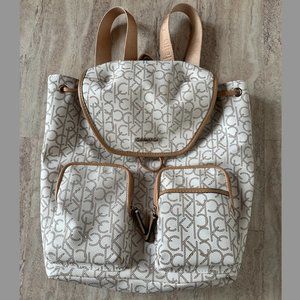 Calvin Klein White & Tan Monogram Backpack, EUC